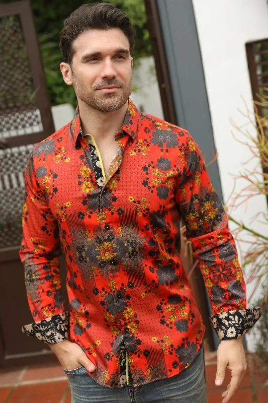 Floral Print Satin Shirt - Red Casual Men's Short