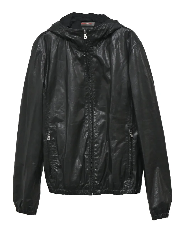 Prada Hooded Jacket in Black Leather Sporty Men's Athleisure 