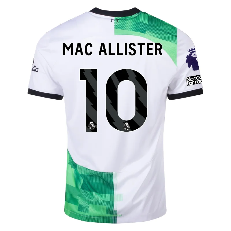 Nike Liverpool Away Alexis Mac Allister Jersey w/ EPL + No Room For Racism Patches 23/24 (White/Green Spark) Earthy Men's Hemp