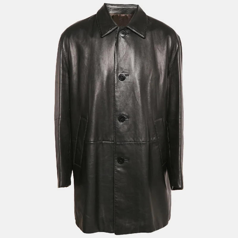 Loewe Black Leather Button Front Coat Dapper Men's Bow