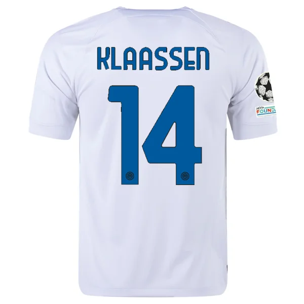 Nike Inter Milan Davy Klaassen Away Jersey w/ Champions League + Copa Italia Patches 23/24 (White/Lyon Blue) Unique Men's Upcycled