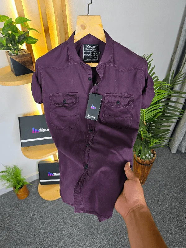 Double Pocket Denim Shirt Wine Casual Men's Loose