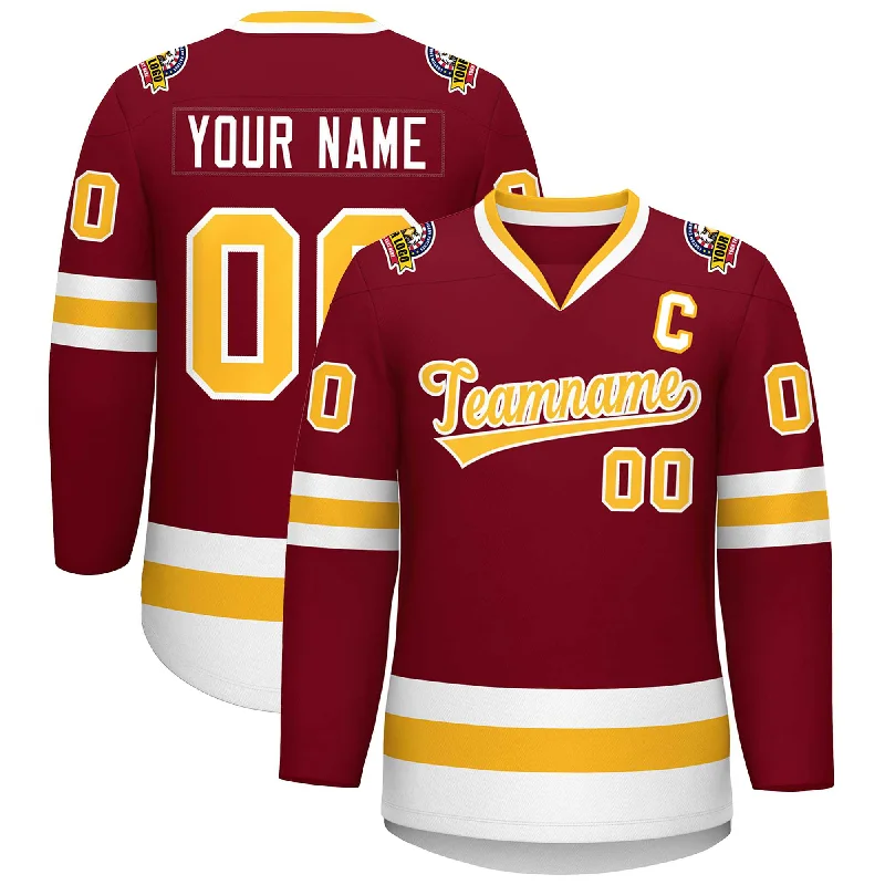 Custom Crimson Gold-White Classic Style Hockey Jersey Bohemian Men's Free