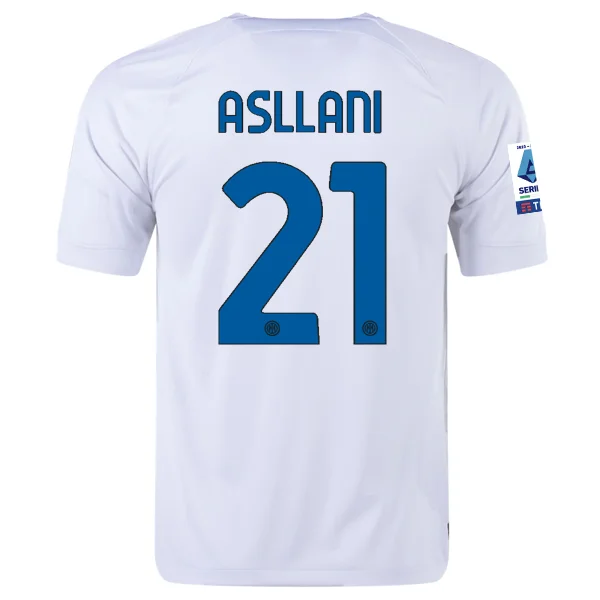 Nike Inter Milan Kristjan Asllani Away Jersey w/ Series A + Copa Italia Patches 23/24 (White/Lyon Blue) Earthy Men's Sustainable 