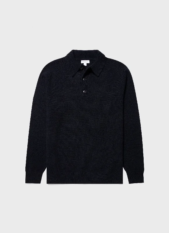 Men's Lambswool Polo Shirt in Dark Navy Mouline Adventure