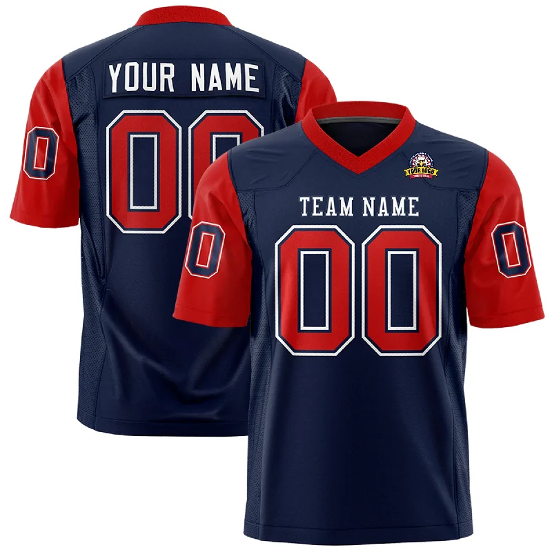 Custom Navy Red Personalized Raglan Sleeves Design Authentic Football Jersey Youthful Men's Pop