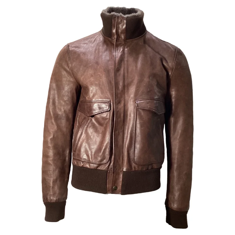 Dolce & Gabbana Sheared Bomber Jacket with Pockets in Brown Calfskin Leather Traditional Men's Country