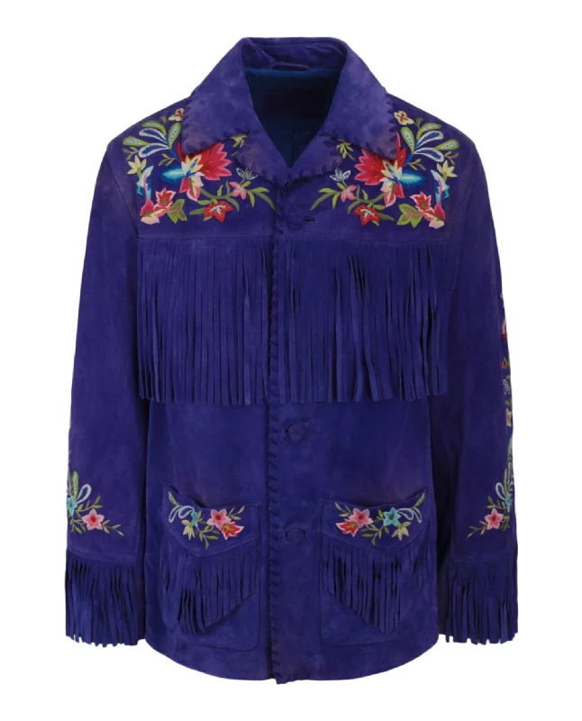 Floral Embroidered Suede Jacket Modern Men's 