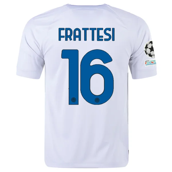 Nike Inter Milan Davide Frattesi Away Jersey w/ Champions League + Copa Italia Patches 23/24 (White/Lyon Blue) Cool Men's Distressed