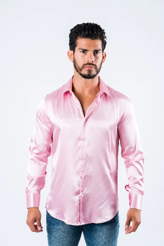 Men's Satin Pink Dress Shirt Sporty Men's Tennis