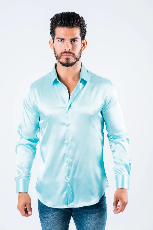 Men's Satin Aqua Dress Shirt Tough Men's Tactical