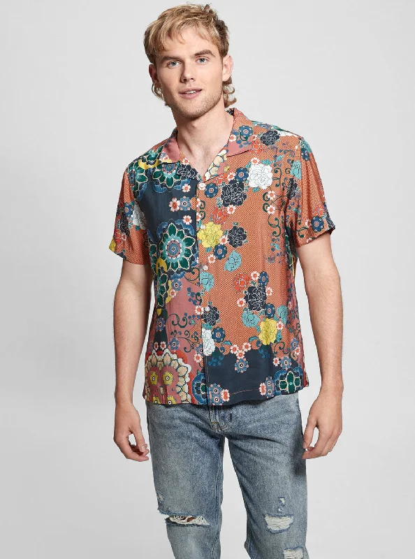 Eco Brown Floral Short Sleeve Blooms Shirt Laid