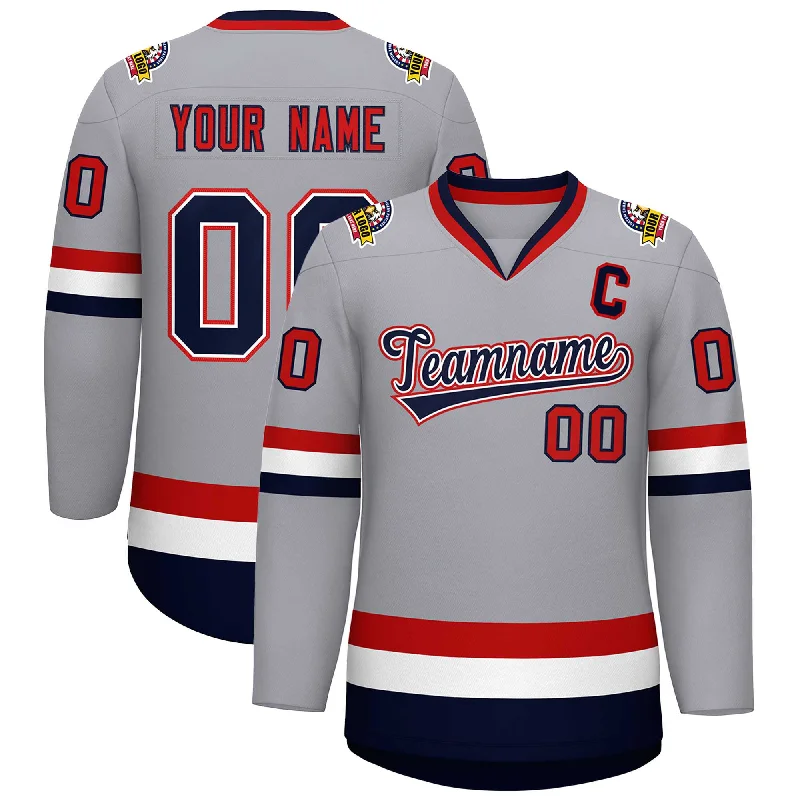 Custom Gray Navy White-Red Classic Style Hockey Jersey Tough Men's Military