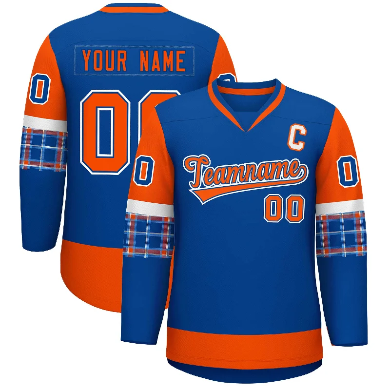 Custom Royal Orange-White Personalized Raglan Sleeves V-Neck Hockey Jersey Organic