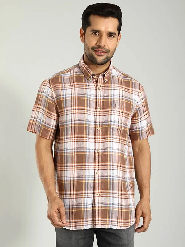 Men Checked Half Sleeve Linen Shirt Artistic Men's Hand