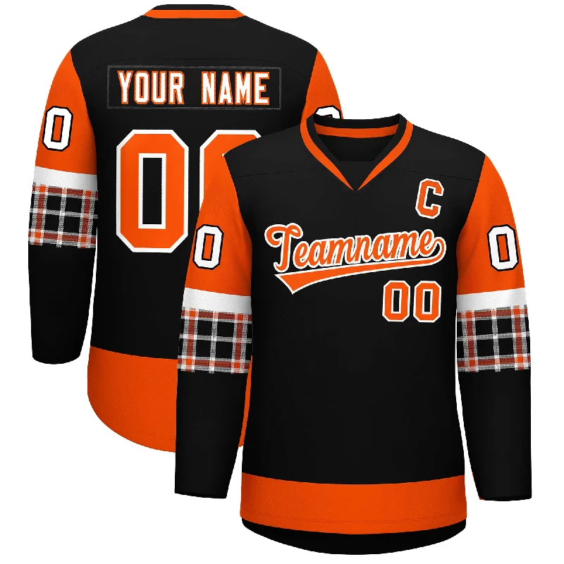 Custom Black Orange-White Personalized Raglan Sleeves V-Neck Hockey Jersey Tough Men's Military