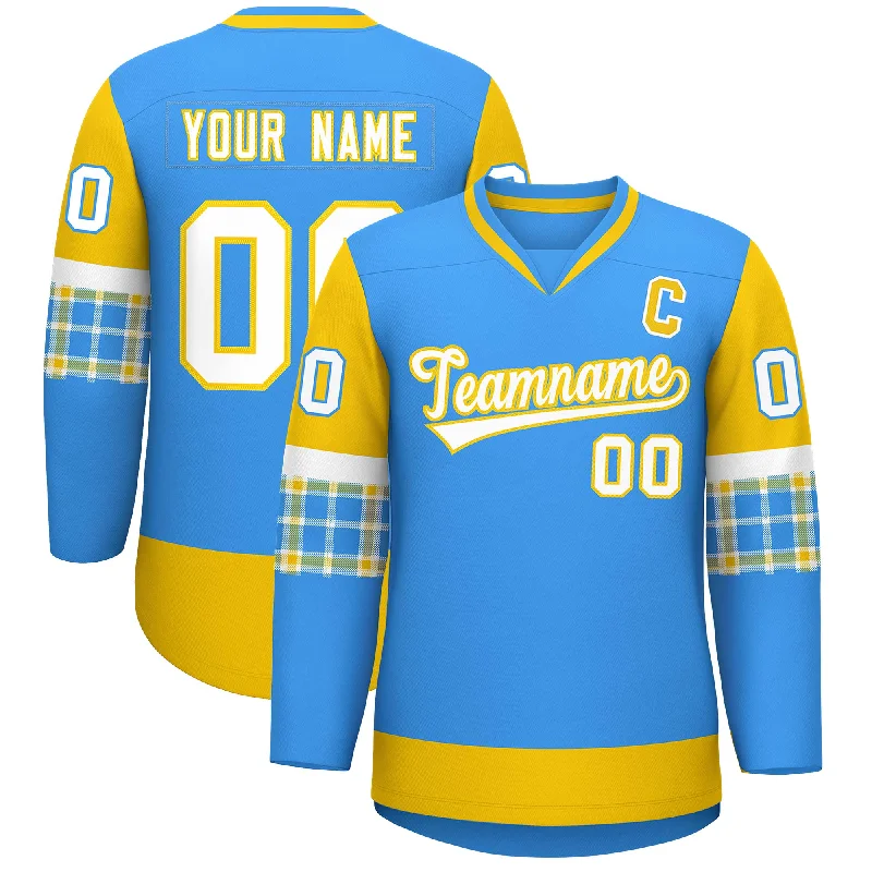 Custom Powder Blue Gold-White Personalized Raglan Sleeves V-Neck Hockey Jersey Minimalist Men's Casual 