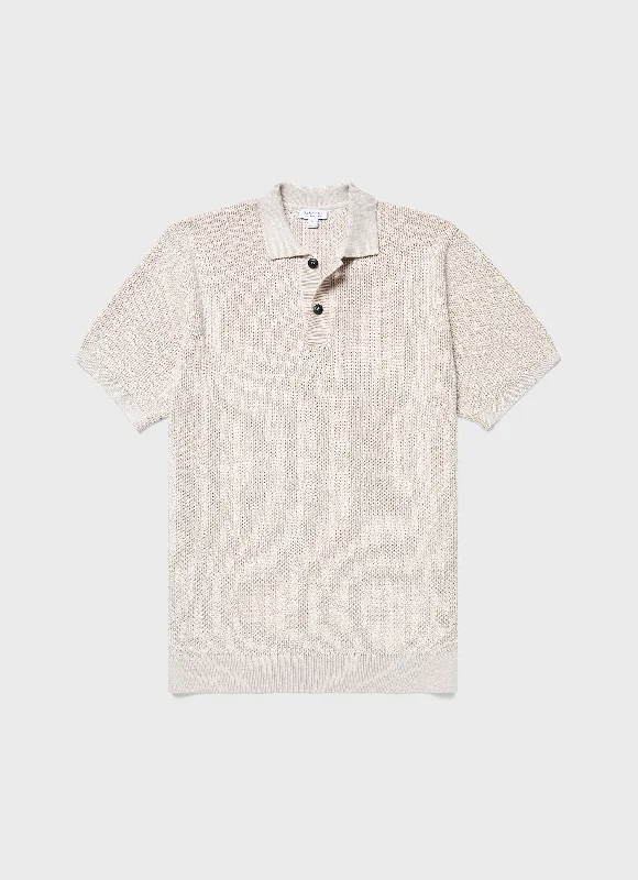 Men's Textured Knit Polo Shirt in Ecru Refined Men's European