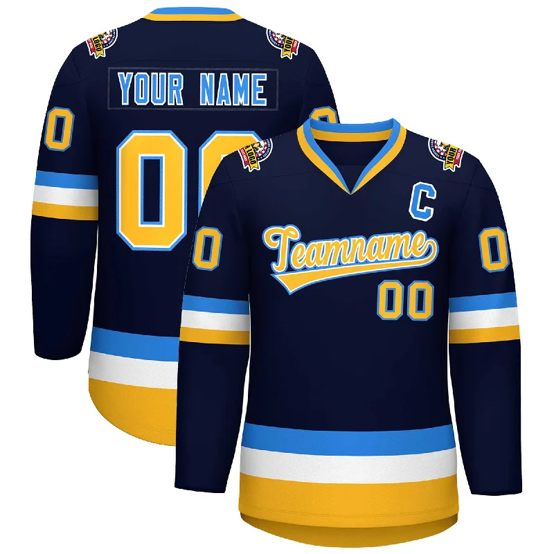 Custom Navy Gold White-Powder Blue Classic Style Hockey Jersey Elegant Men's Formal 