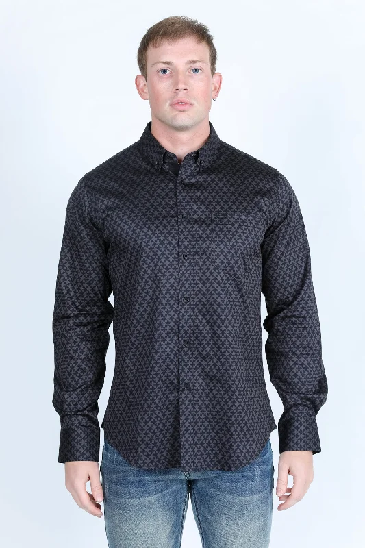 Mens Satin Cotton/Spandex Modern Fit Long Sleeve Shirt - Black Dynamic Men's High