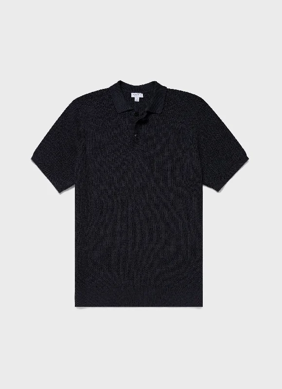 Men's Textured Knit Polo Shirt in Navy Streetwear Style