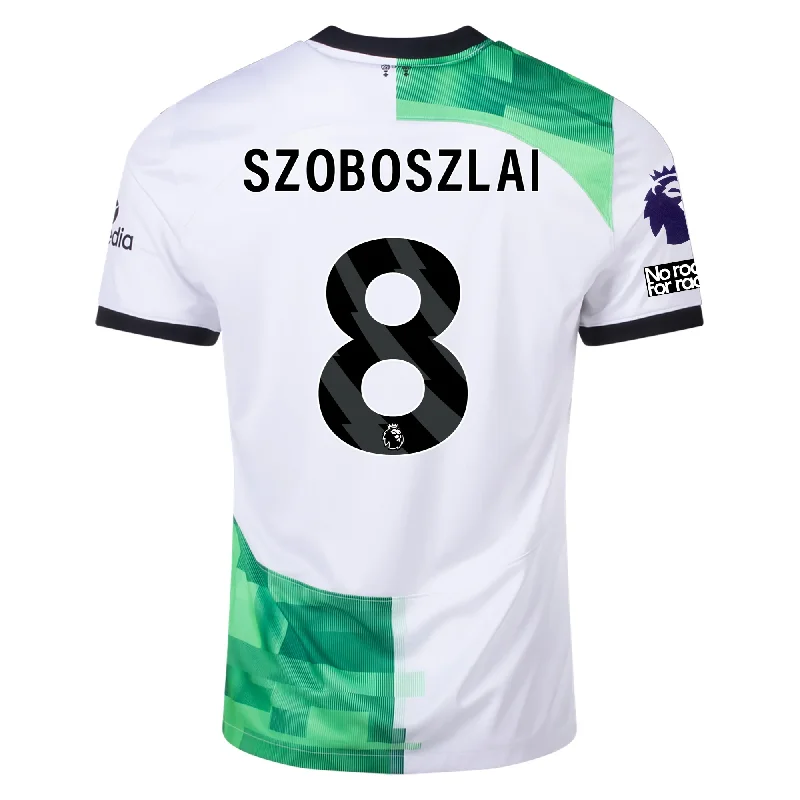 Nike Liverpool Away Dominik Szoboszlai Jersey w/ EPL + No Room For Racism Patches 23/24 (White/Green Spark) Dynamic Men's Glow