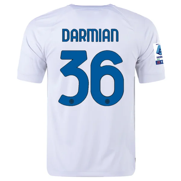 Nike Inter Milan Matteo Darmian Away Jersey w/ Series A + Copa Italia Patches 23/24 (White/Lyon Blue) Rugged Men's Outdoor 