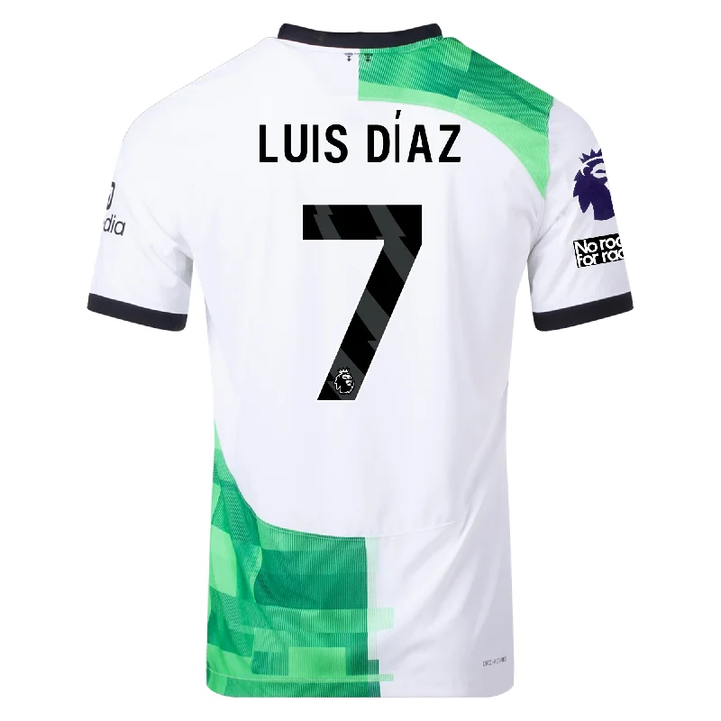 Nike Liverpool Authentic Luis Diaz Match Away Jersey w/ EPL + No Room For Racism Patches 23/24 (White/Green Spark) Cozy Men's Winter