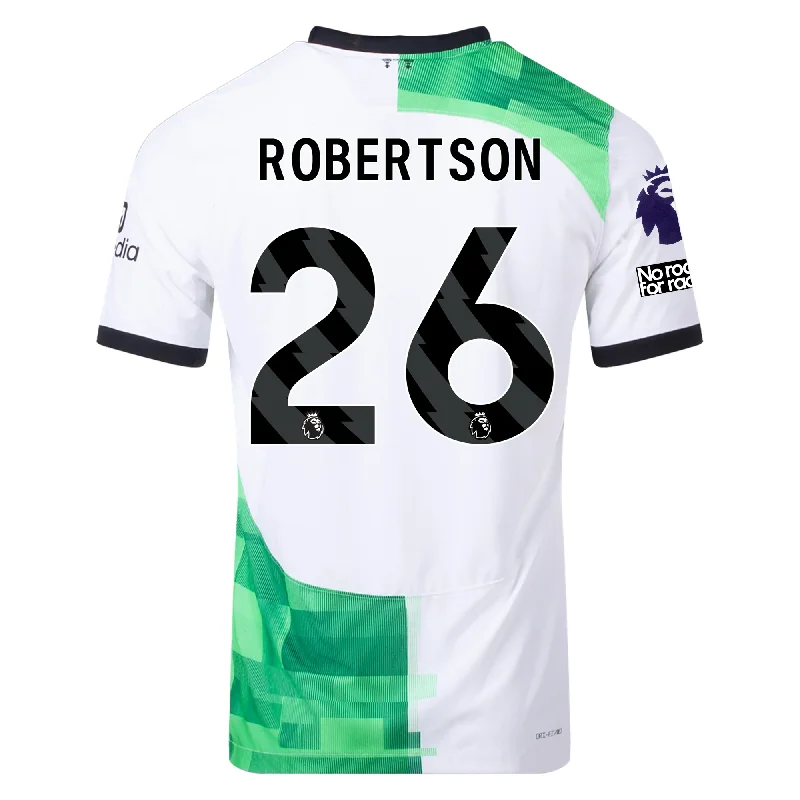 Nike Liverpool Authentic Andy Robertson Match Away Jersey w/ EPL + No Room For Racism Patches 23/24 (White/Green Spark) Business