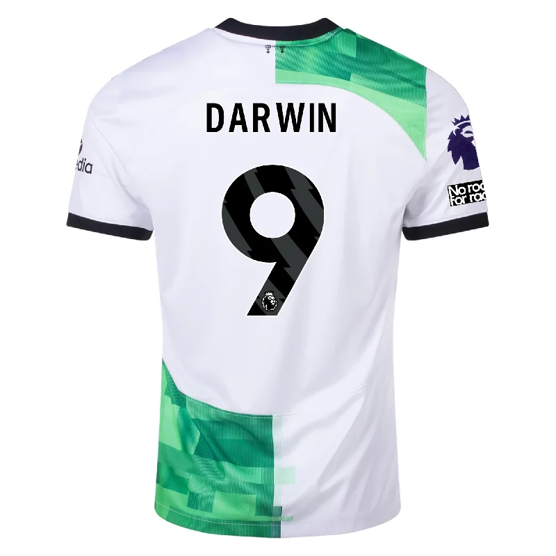 Nike Liverpool Away Darwin Nunez Jersey w/ EPL + No Room For Racism Patches 23/24 (White/Green Spark) Trendy Men's Bucket