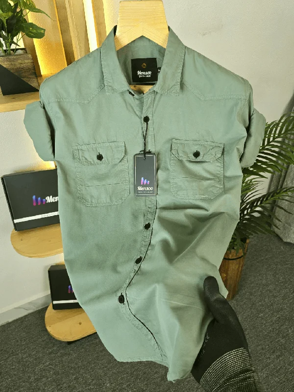 Double Pocket Denim Shirt Light Green Minimalist Men's Casual 