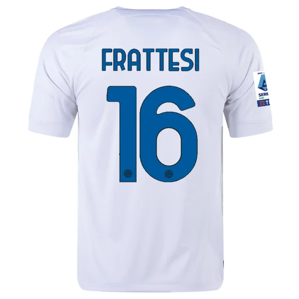 Nike Inter Milan Davide Frattesi Away Jersey w/ Series A + Copa Italia Patches 23/24 (White/Lyon Blue) Tough Men's Military