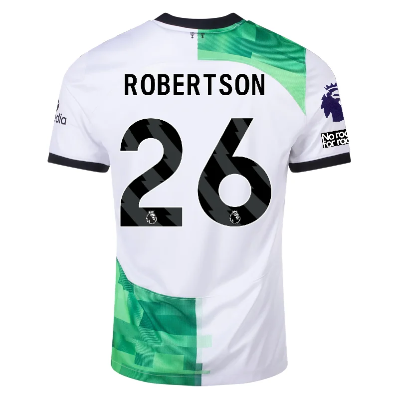 Nike Liverpool Away Andy Robertson Jersey w/ EPL + No Room For Racism Patches 23/24 (White/Green Spark) Refined Men's Velvet