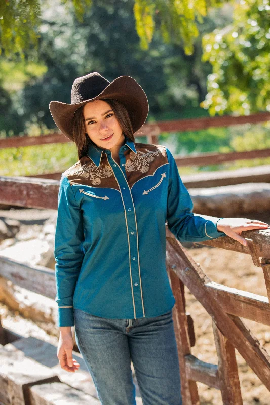 Ladies Cotton Blue Embroidery Western Shirt With Suede Vintage Men's 1970S Disco