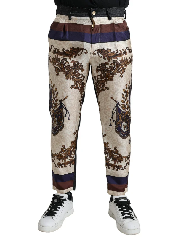 Dolce & Gabbana Elegant Silk Skinny Pants with Heraldic Men's Print Tough Men's Tactical