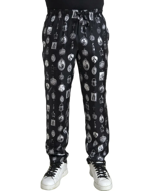 Dolce & Gabbana Elegant Silk Joggers with Religious Men's Print Earthy Men's Hemp