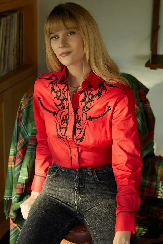 Ladies Cotton Red Embroidery Western Shirt Monochromatic Office Style