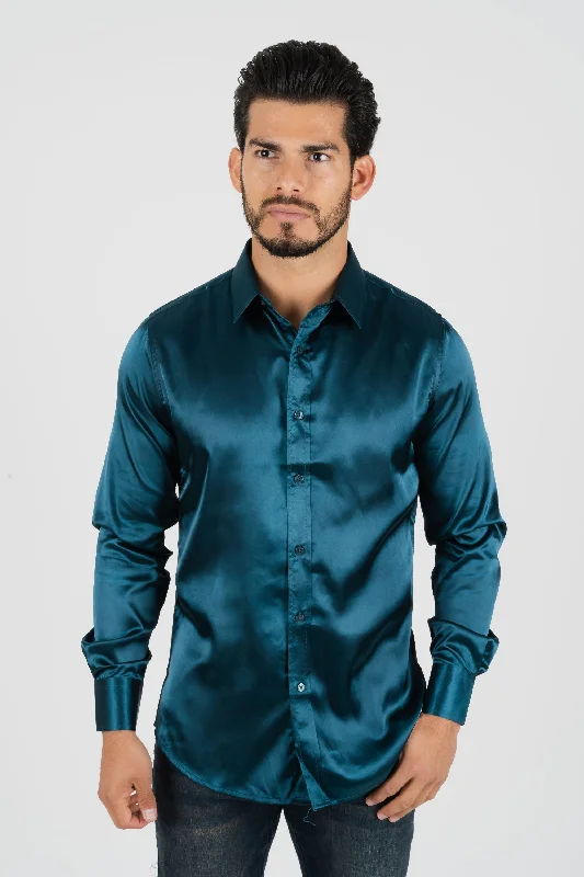 Men's Satin Teal Dress Shirt Beach