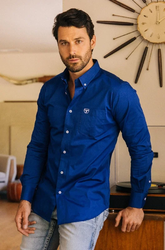 Men’s Single Pocket Logo Modern Fit Stretch Dress Shirt - Royal Blue Masculine Men's 