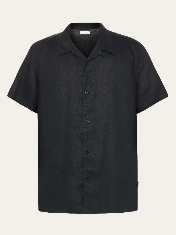 Box fit short sleeved linen shirt - Black Jet Polished Men's Satin