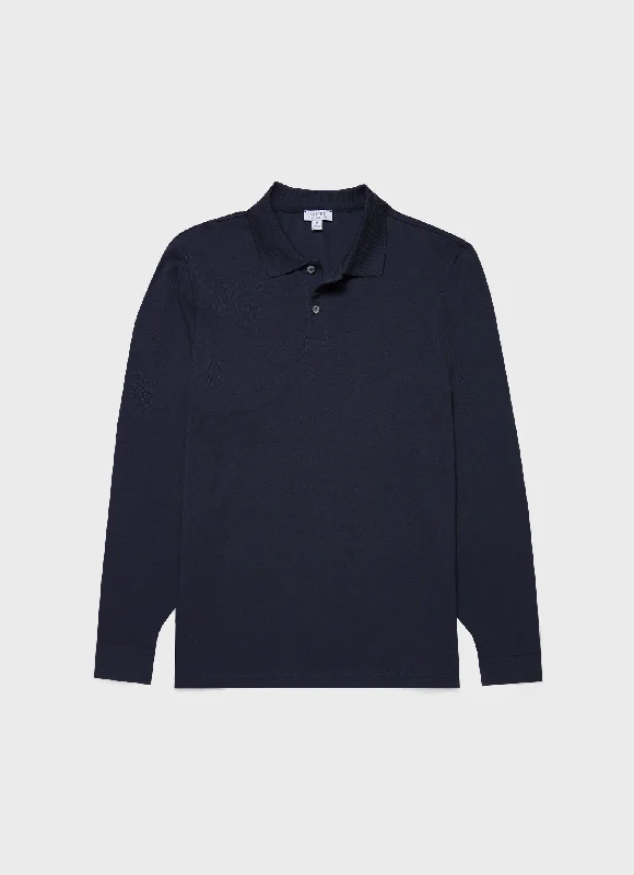 Men's Long Sleeve Piqué Polo Shirt in Navy Cclassic Men's Tweed