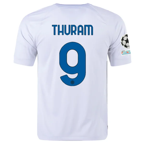 Nike Inter Milan Marcus Thuram Away Jersey w/ Champions League + Copa Italia Patches 23/24 (White/Lyon Blue) Trendy Men's Bucket