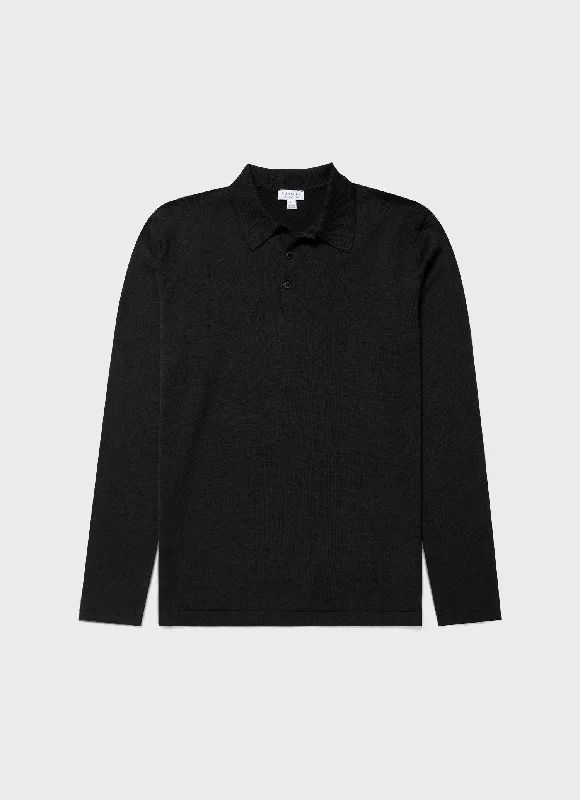 Men's Sea Island Cotton Long Sleeve Polo Shirt in Black Street