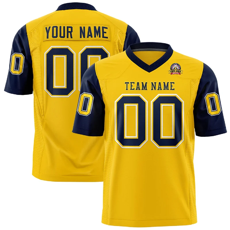 Custom Gold Navy Personalized Raglan Sleeves Design Authentic Football Jersey Preppy Men's College Custom Gold Navy Personalized Raglan Sleeves Design Authentic Football Jersey Preppy Men's College