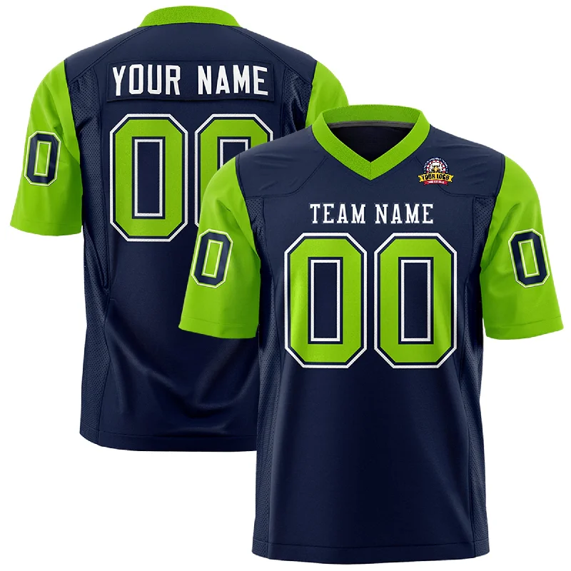Custom Navy Neon Green Personalized Raglan Sleeves Design Authentic Football Jersey Sleek Men's Metallic