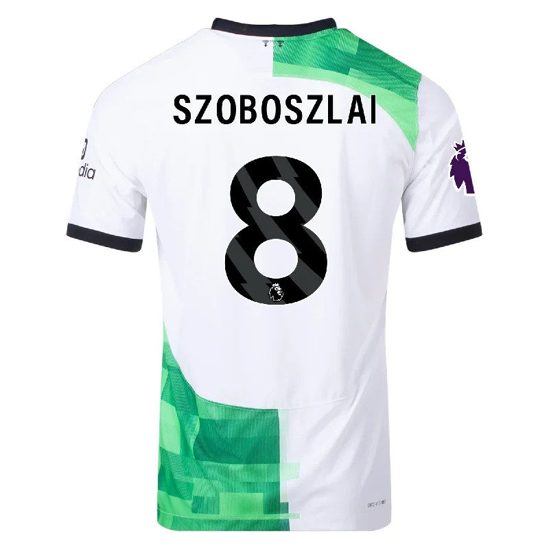 Nike Liverpool Authentic Dominik Szoboszlai Match Away Jersey w/ EPL + No Room For Racism Patches 23/24 (White/Green Spark) Dapper Men's 1920S