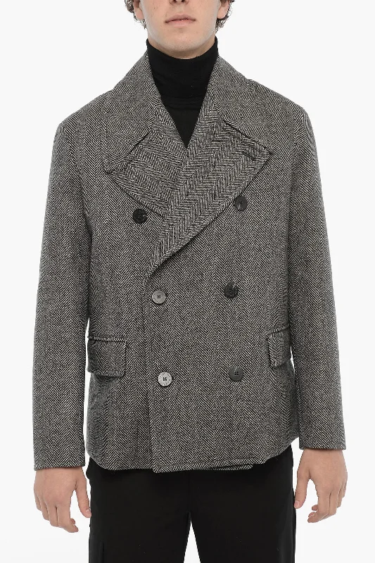 Neil Barrett Herringbone Motif Virgin Wool Double Breasted Peacoat Relaxed Men's Australian 