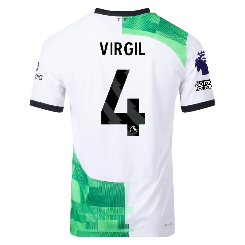 Nike Liverpool Authentic Virgil Van Dijk Match Away Jersey w/ EPL + No Room For Racism Patches 23/24 (White/Green Spark) Laid