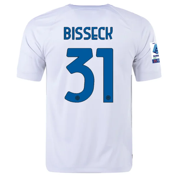 Nike Inter Milan Yann Aurel Bisseck Away Jersey w/ Series A + Copa Italia Patches 23/24 (White/Lyon Blue) Artistic Men's Hand