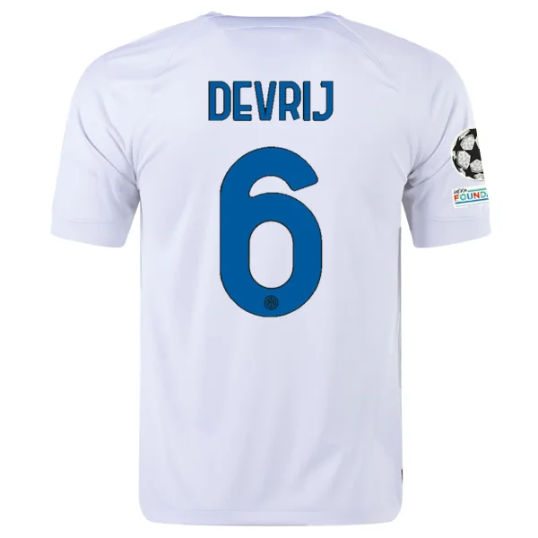 Nike Inter Milan Stefan de Vrij Away Jersey w/ Champions League + Copa Italia Patches 23/24 (White/Lyon Blue) Hip Men's Retro